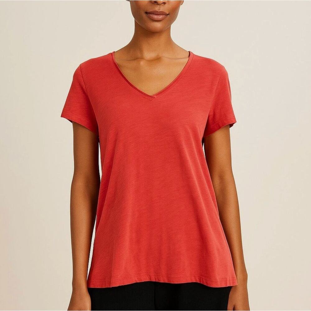 Eileen Fisher Red Boxy Slub Organic Cotton V-neck Raw Edge Woman Plus (size 2XL)